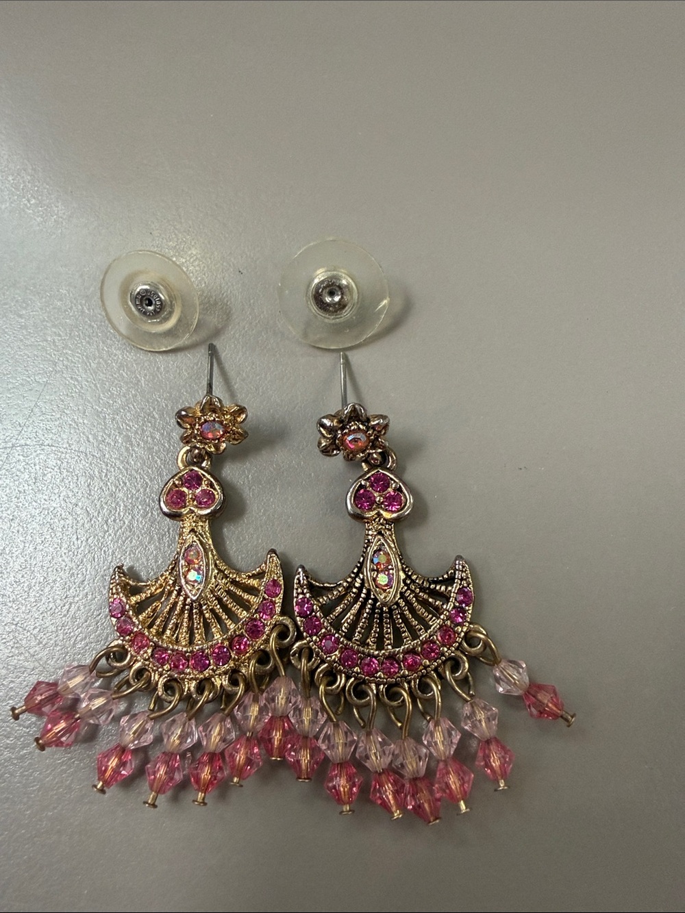 Vintage-Style Pink Crystal Fringe post Drop Earrings gold tone